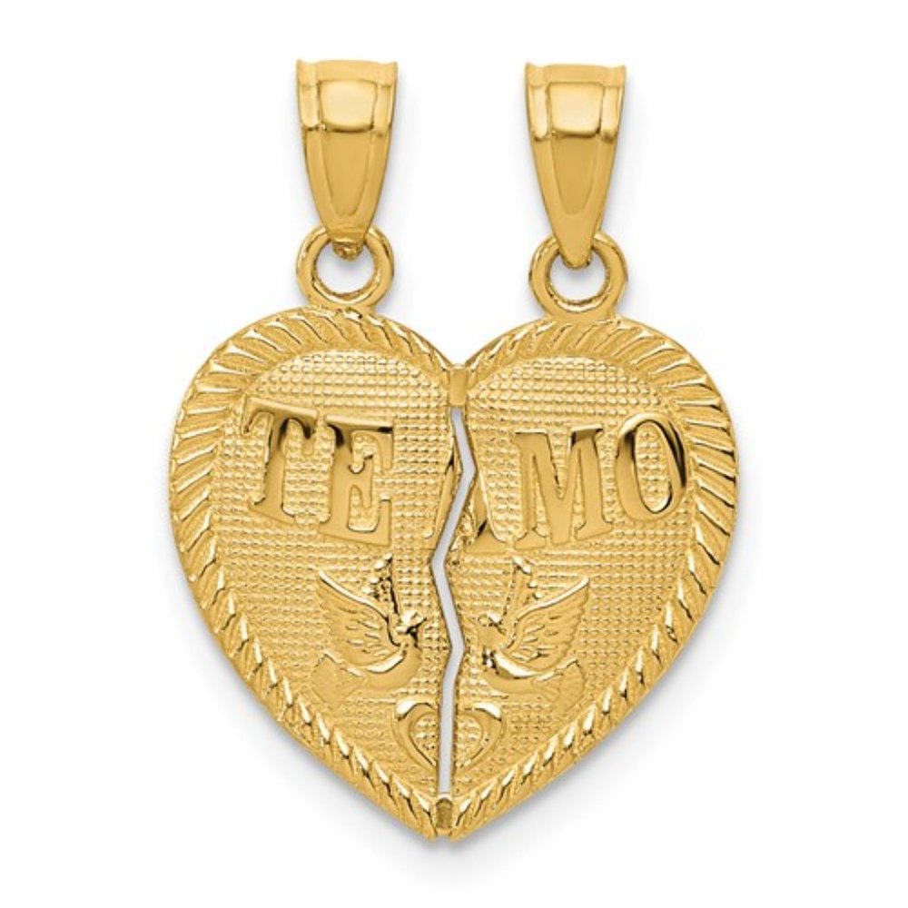 14k Yellow Gold Break Apart Diamond-cut TE AMO Heart Necklace Charms Pendant